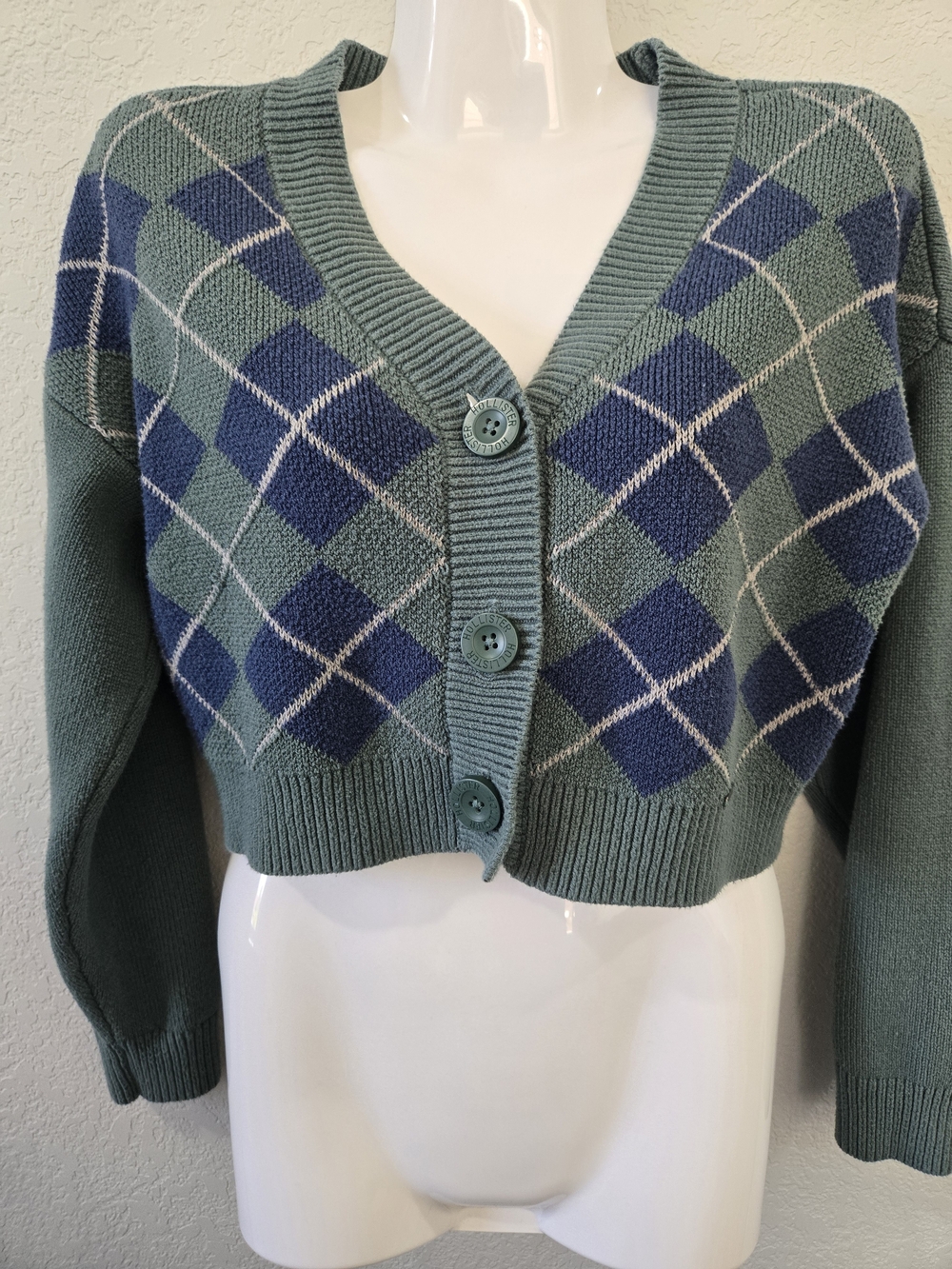 Hollister Sage Green & Blue Cropped Argyle Cardigan